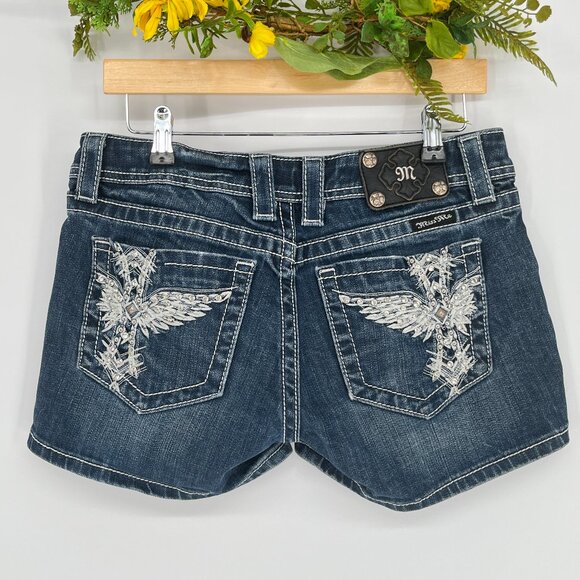 Miss Me Angel Wing Jean Shorts Low Rise Rhinestone Pocket Y2K Western Glam - Picture 2 of 10